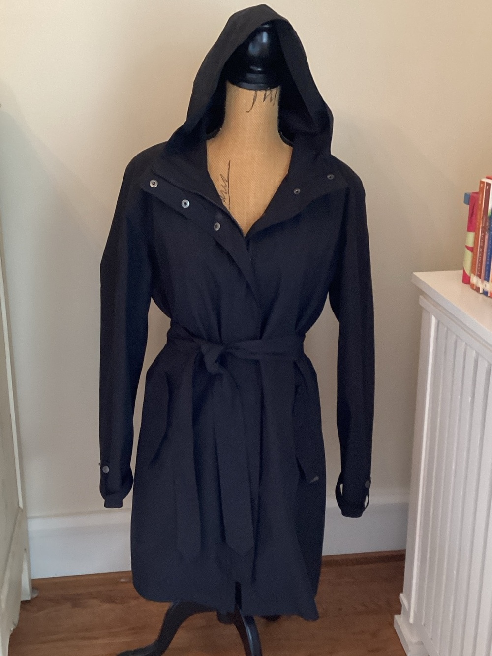 Lands' End removable lining Black Hooded Trench Coat with Belt